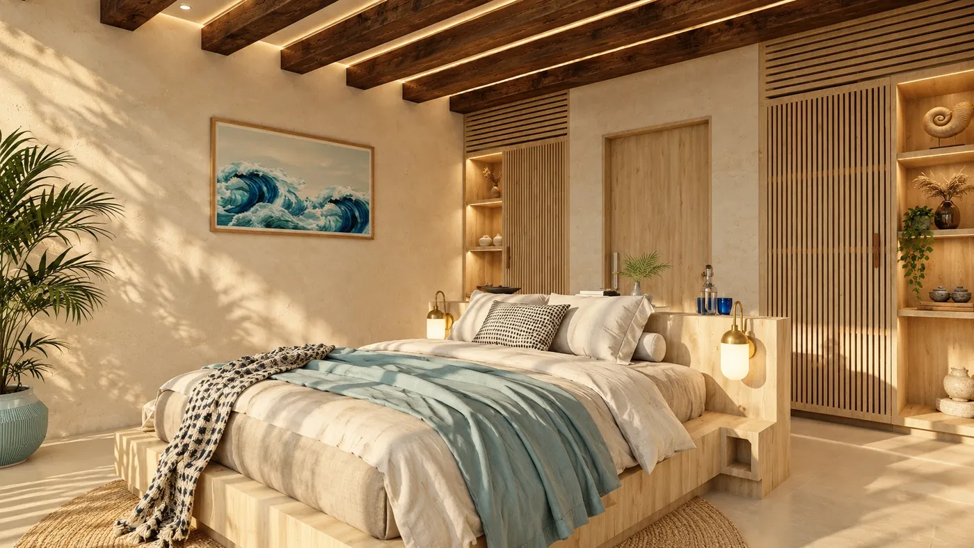 Render de Dua Hills: dormitorio con vigas de madera