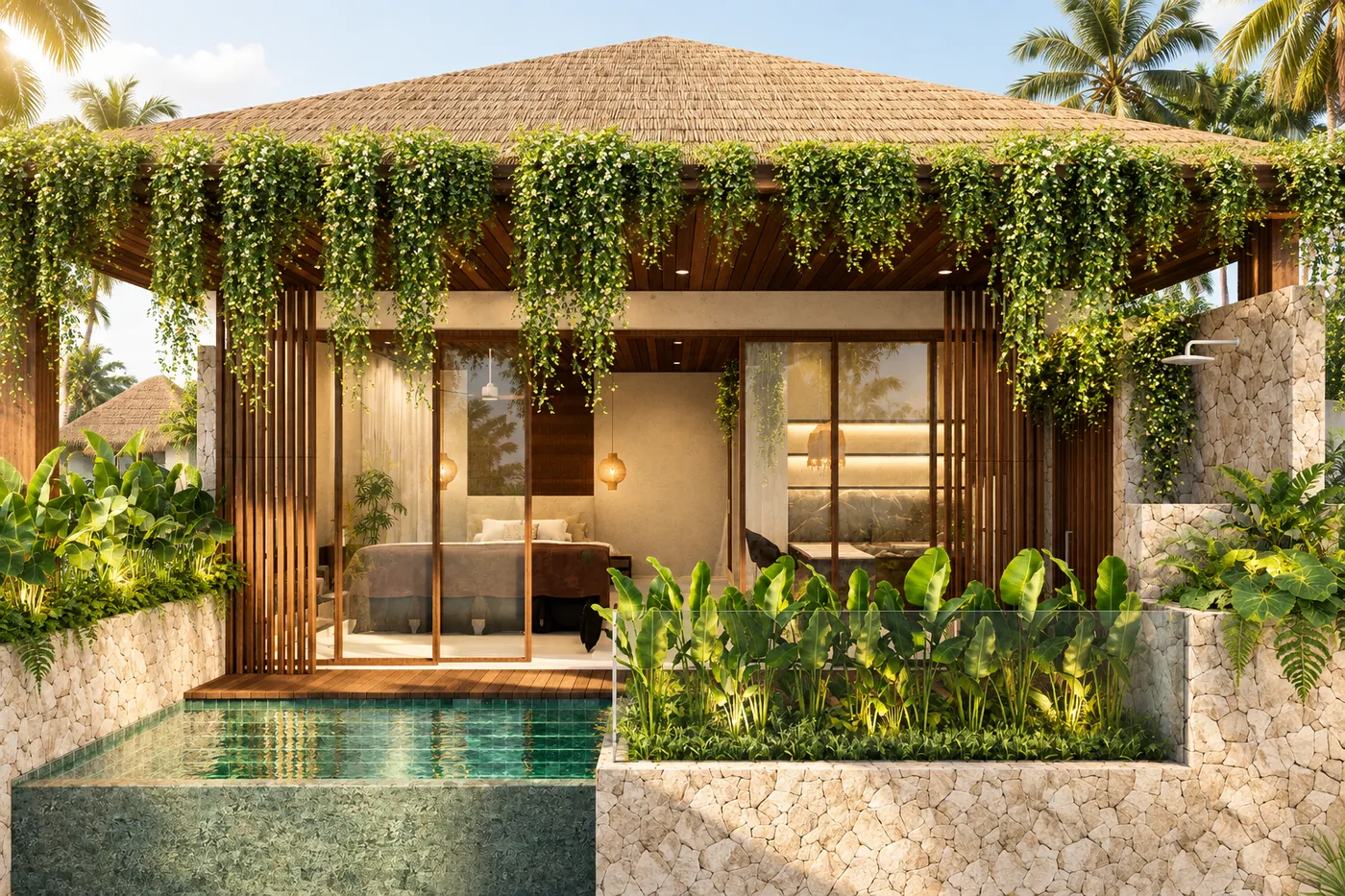 Render de Dua Hills: villa con cubierta de paja, piscina privada y jardín tropical