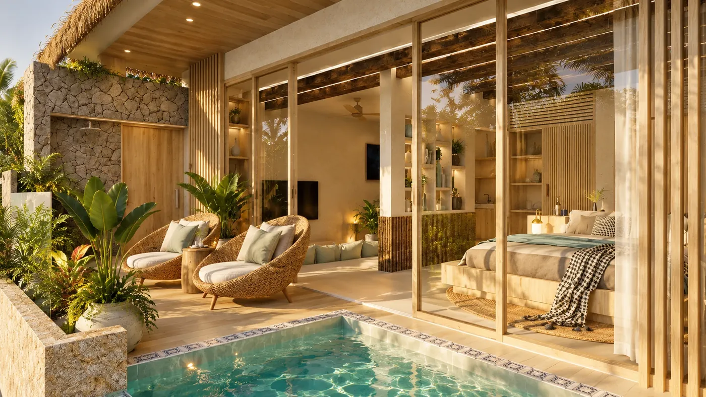 Render de Dua Hills: terraza con piscina privada abierta al dormitorio