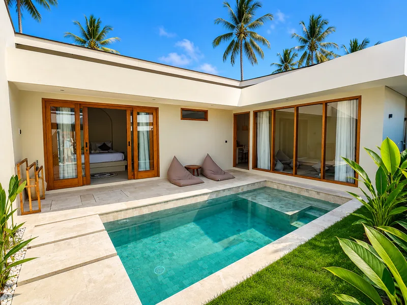 Oasis Villas: villa en L con ventanales de madera y piscina privada
