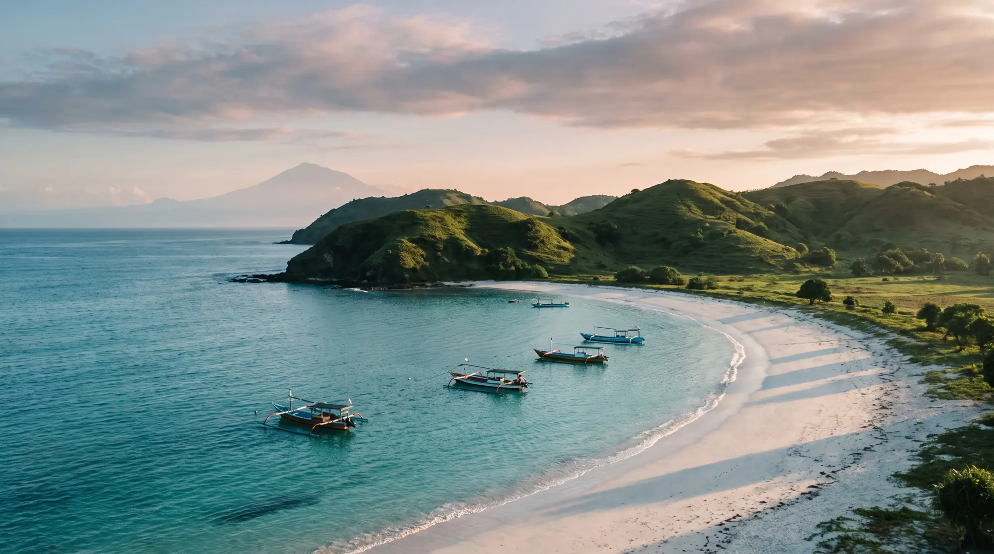 Bahía de arena blanca y aguas turquesa en el sur de Lombok, con el monte Rinjani al fondo