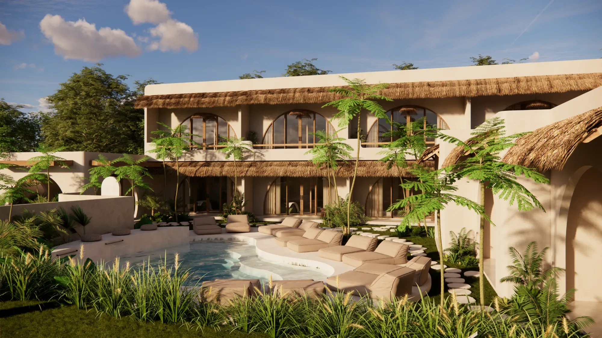 Render de La Mogoda: complejo boutique con cubierta vegetal y piscina entre jardines tropicales
